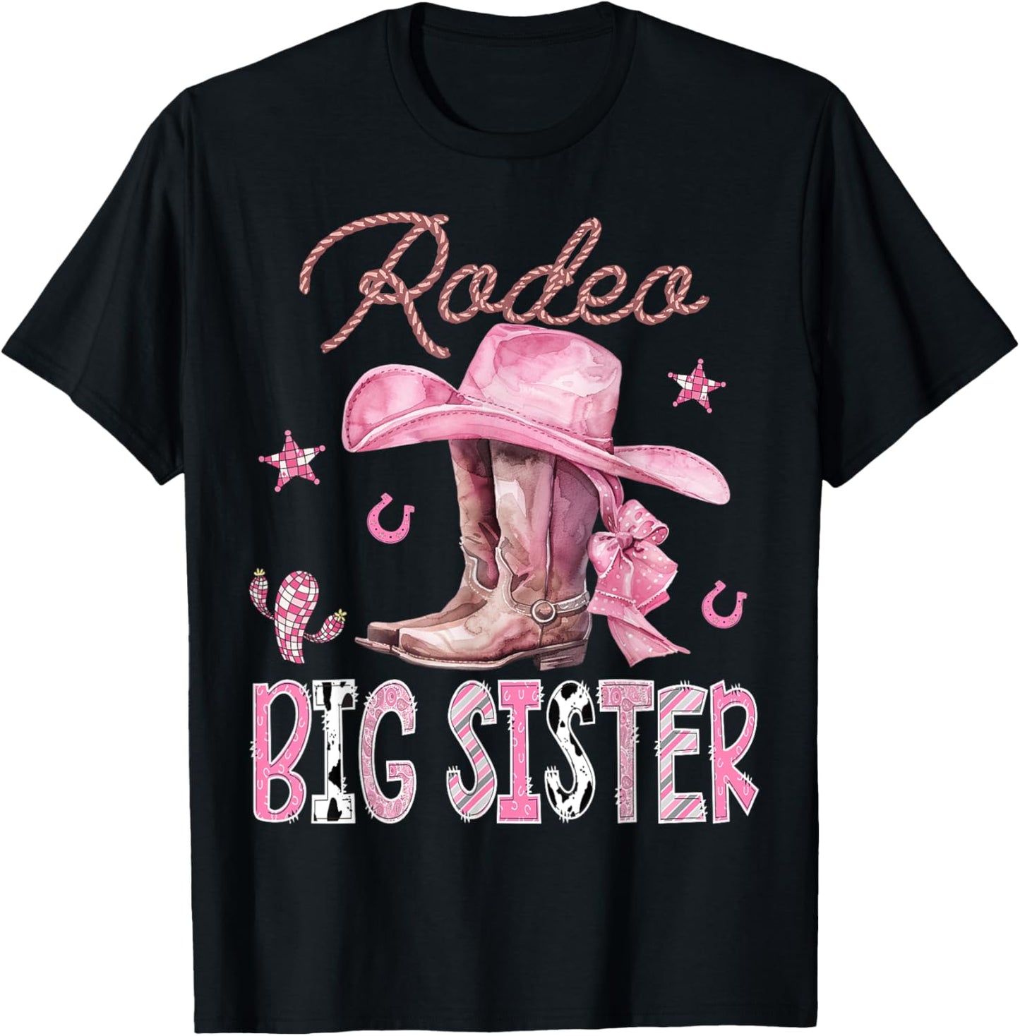 Rodeo Big Sister Pink Boots Coquette CowGirl Birthday Party T-Shirt - T-Shirt | Black