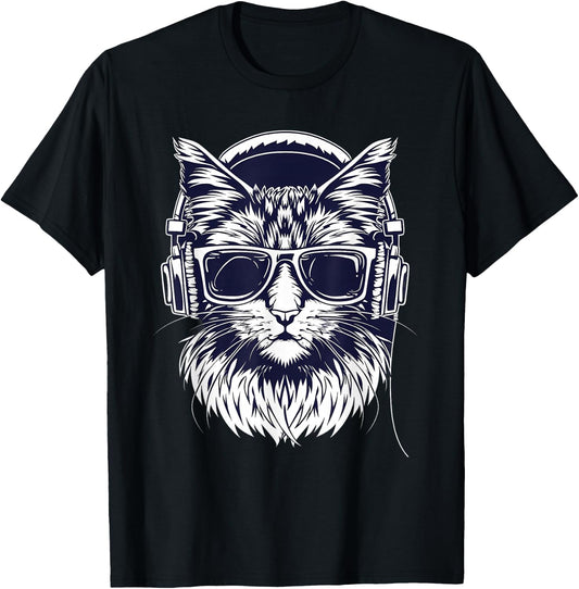 DJ Cat Techno Music Headphones Beatmaker Cat Music DJ EDM T-Shirt - T-Shirt | Black