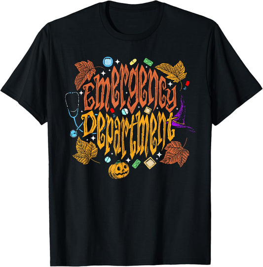 Emergency Department ER Nurse Halloween Fall Autumn Leaves T-Shirt - T-Shirt | Black