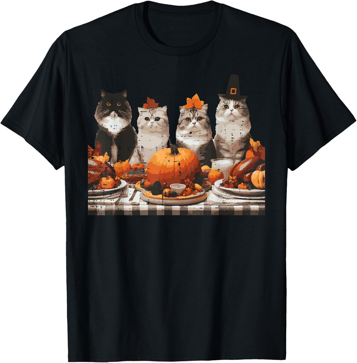 Thanksgiving Cats Dinner Feast Vintage Fall Men Women Kids T-Shirt - T-Shirt | Black
