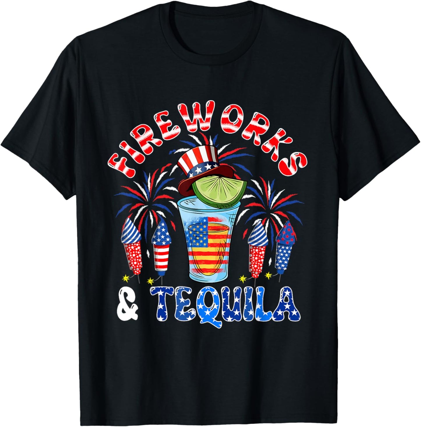 Fireworks And Tequila 4th Of July US Flag Fireworks Dinker T-Shirt - T-Shirt | Black