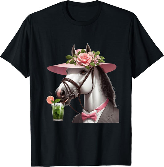 Fancy race horse wearing a derby hat drinking a mint julep T-Shirt - T-Shirt | Black