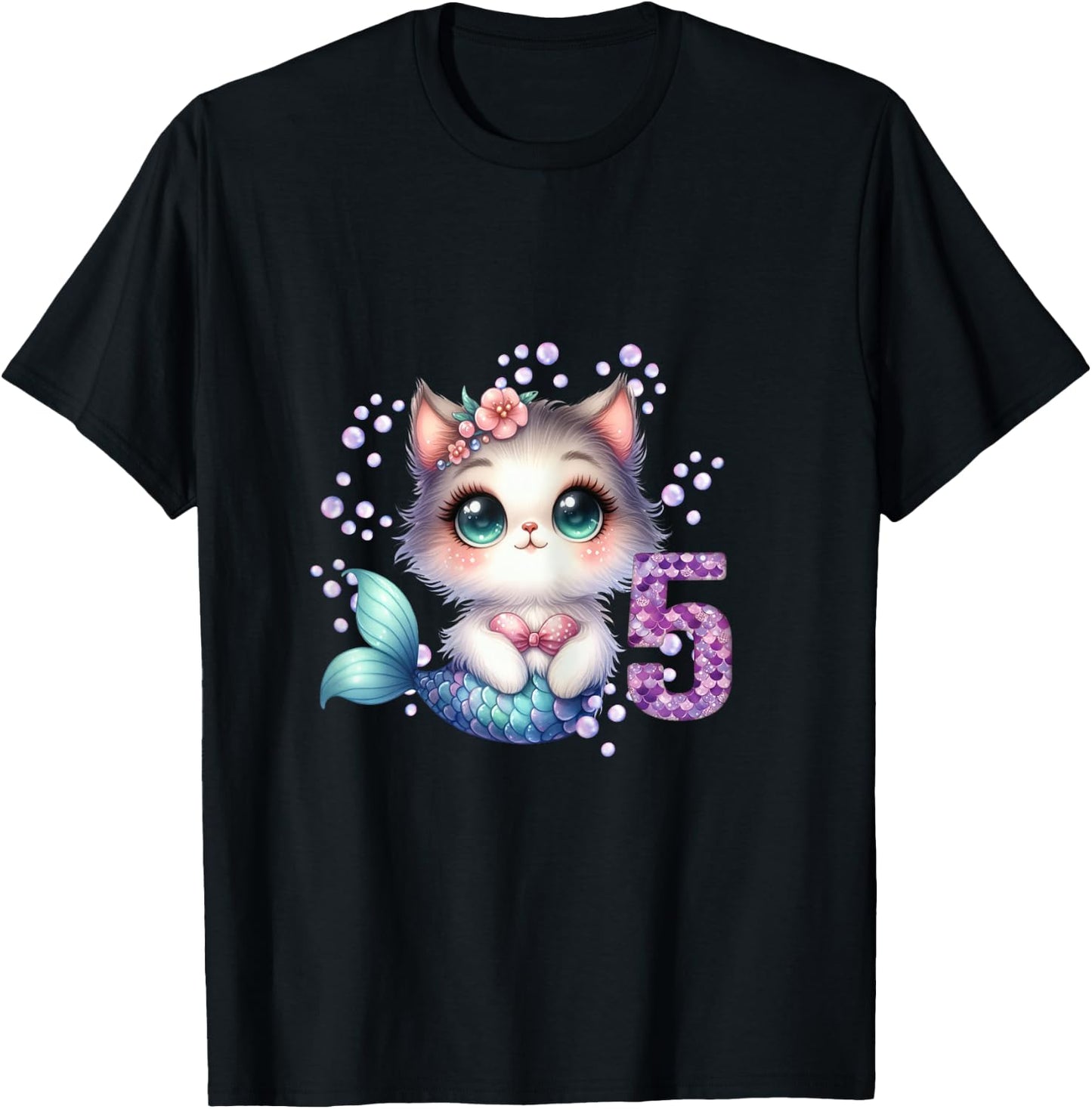Cat Mermaid 5th Birthday 5 Year Old Party Girls Outfit T-Shirt - T-Shirt | Black