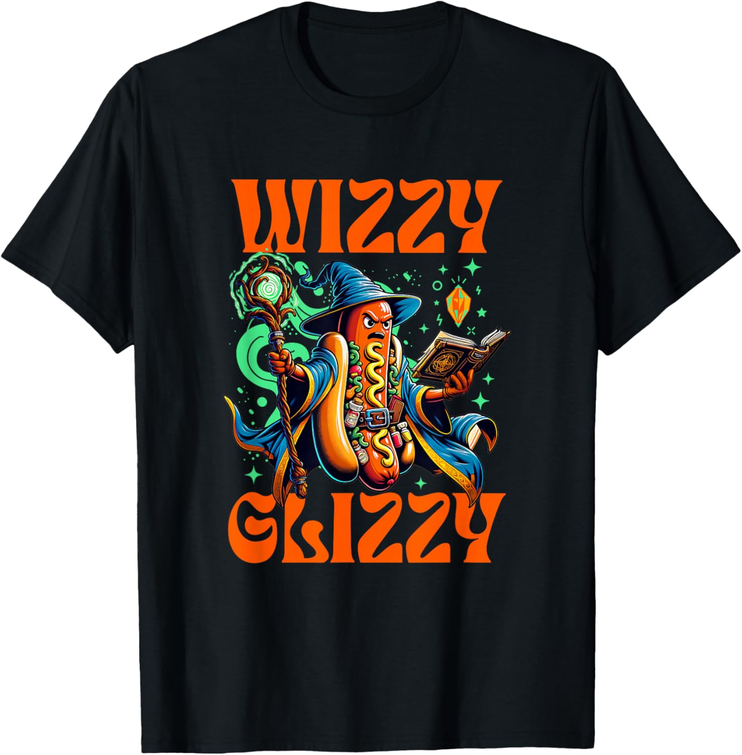 "Wizzy Glizzy" Witchy Wiener Hot Dog Wizard Meme Halloween T-Shirt - T-Shirt | Black