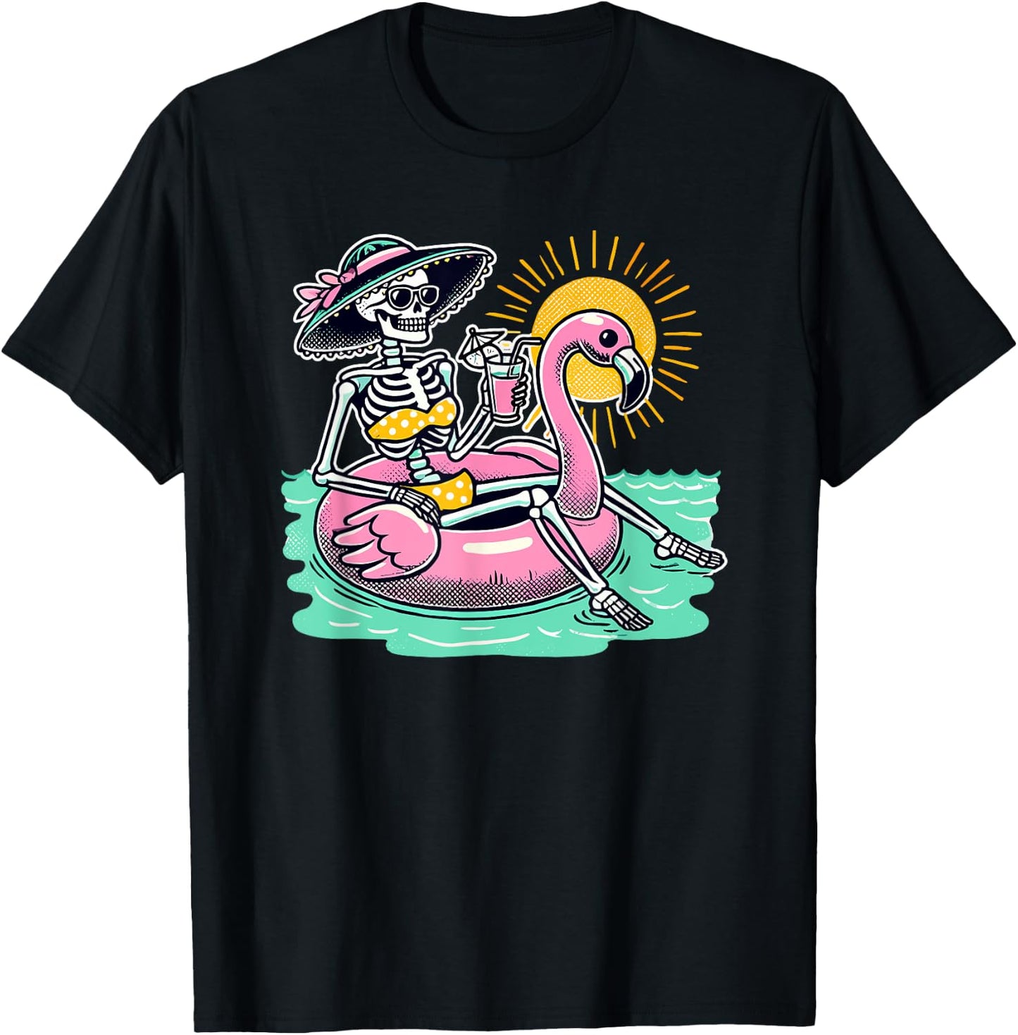 Retro Summer Skeleton Flamingo Float Vacation Beach Drink Men Women T-Shirt - T-Shirt | Black