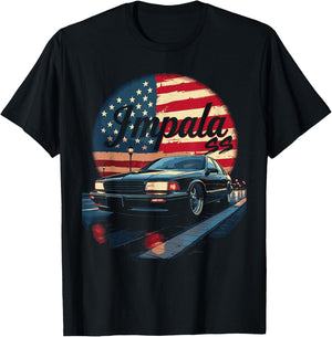 Impala B Body American Flag Impala SS Car 94-96 Coupe T-Shirt - T-Shirt | Black