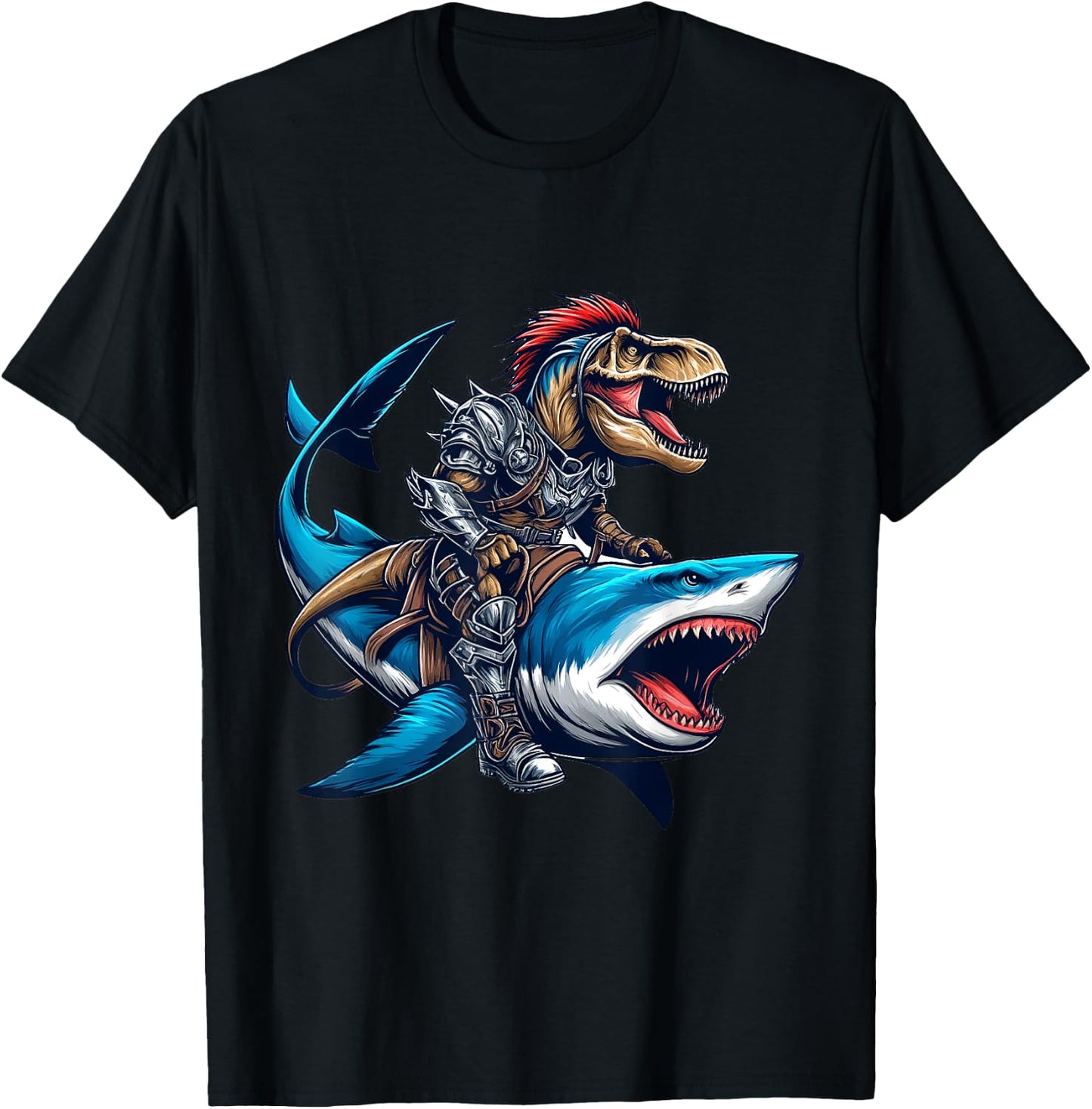 T-Rex Riding Great White Shark into Battle Awesome Kid T-Shirt - T-Shirt | Black