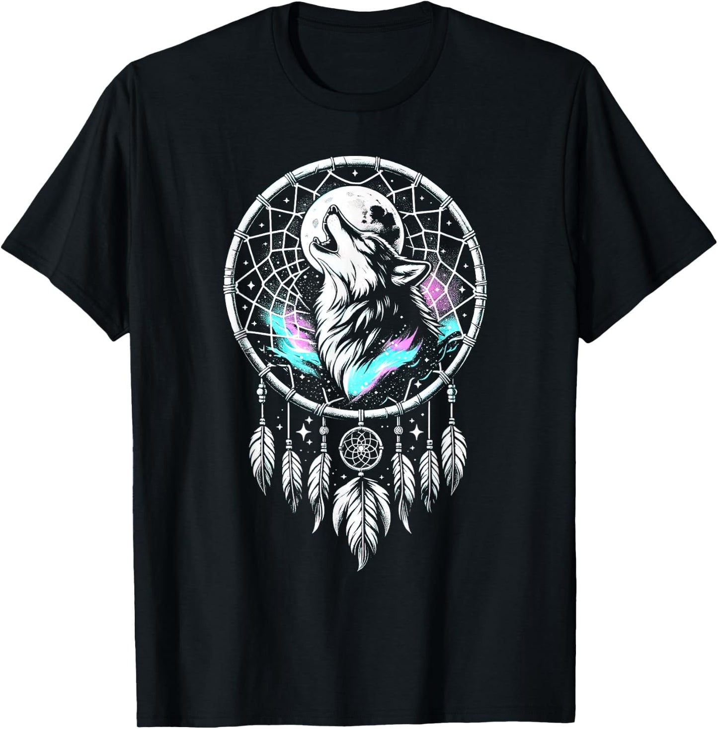 Boho Dream Catcher Wolf Howling At The Moon Dog Wolves Lover Women Kids T-Shirt - T-Shirt | Black