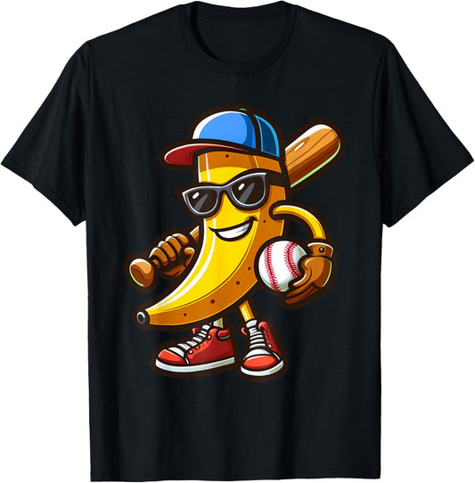 Funny Banana Playing Baseball Funny Baseball Players Kids T-Shirt - T-Shirt | Black
