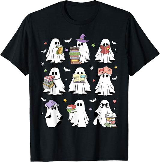 Funny Ghost Book Reading Halloween Books Lover Teacher Kids T-Shirt - T-Shirt | Black