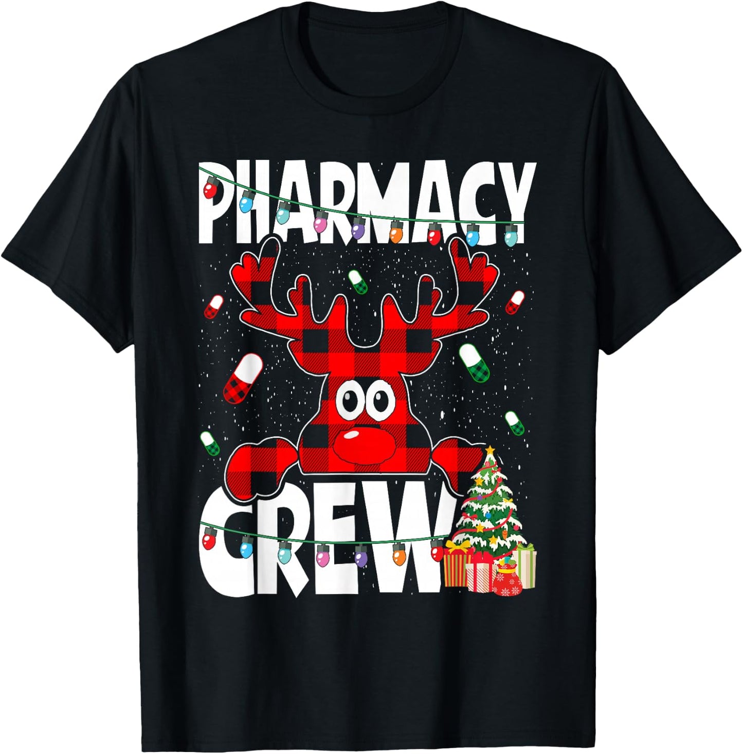 Funny Red Plaid Reindeer Pharmacy Crew Christmas T-Shirt - T-Shirt | Black