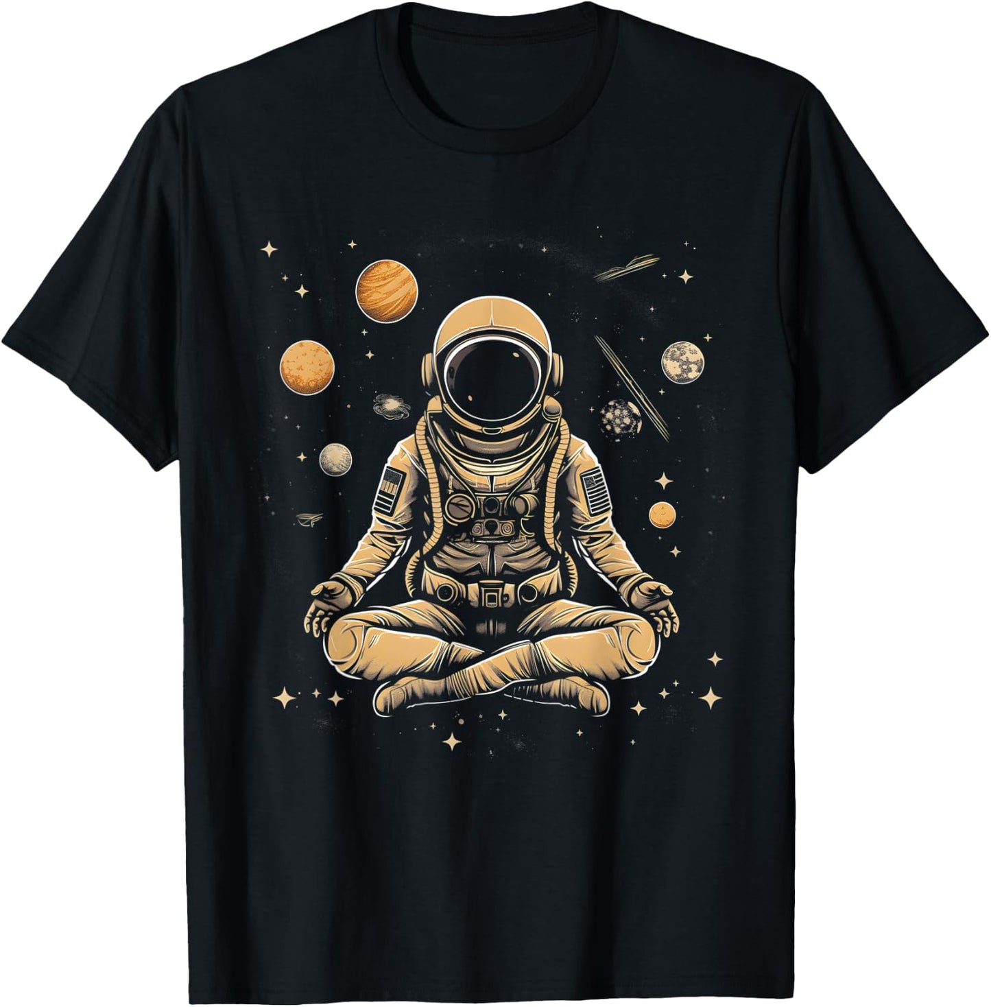 Vintage Lotus Meditating Astronaut Zen Yoga Planets Universe T-Shirt - T-Shirt | Black