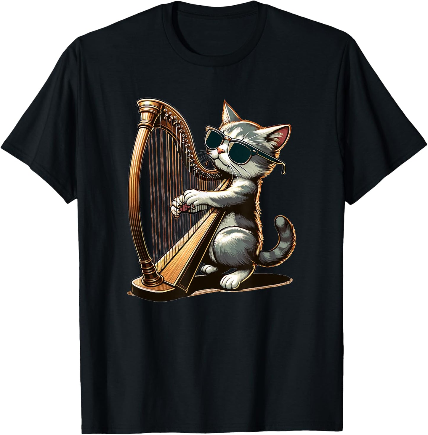 Musician Harpist Cat Wearing Sunglasses Cat Playing Harp Women Kids T-Shirt - T-Shirt | Black