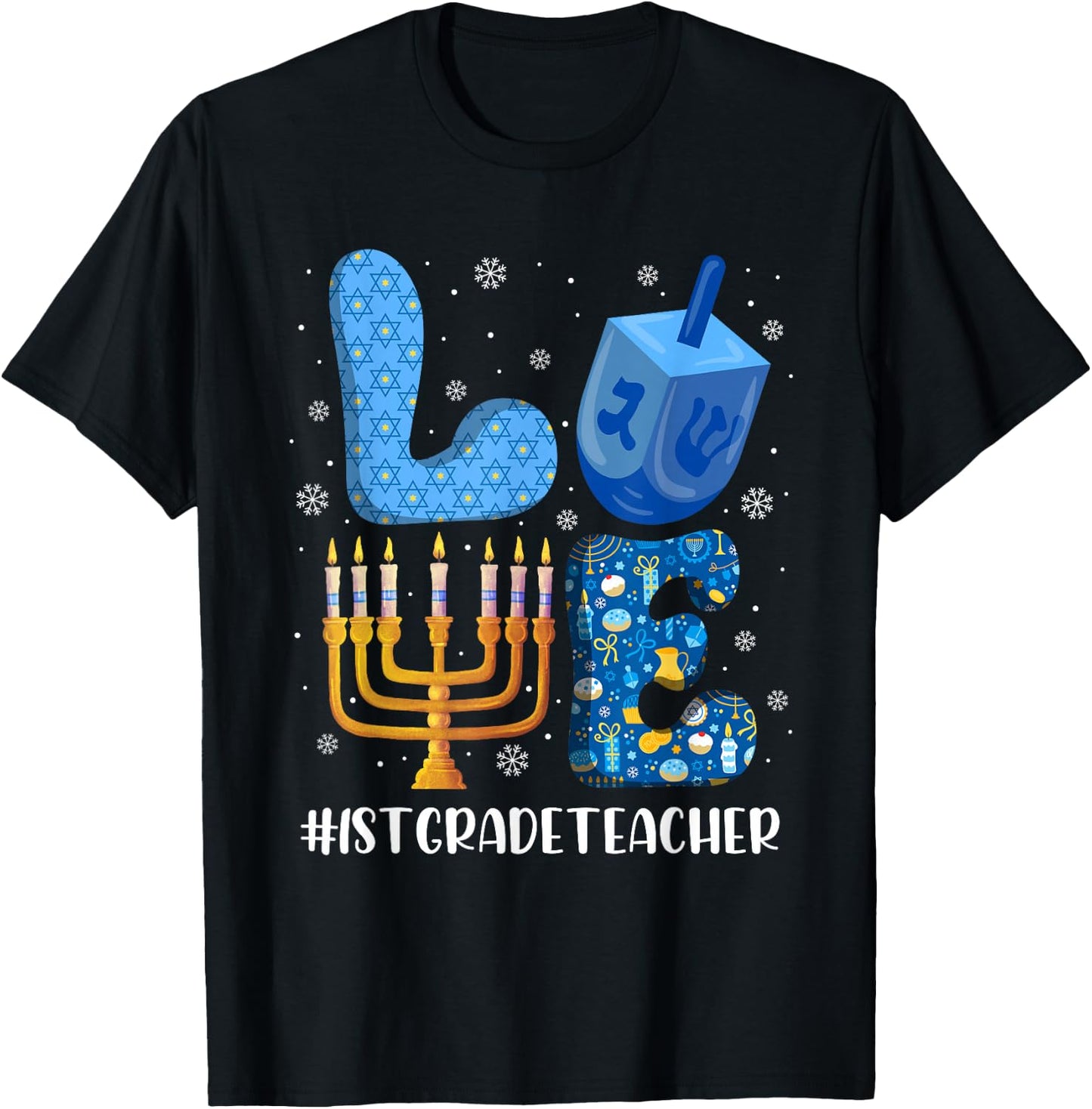 LOVE 1st Grade Teacher Christmas Hanukkah Jewish Holiday T-Shirt - T-Shirt | Black