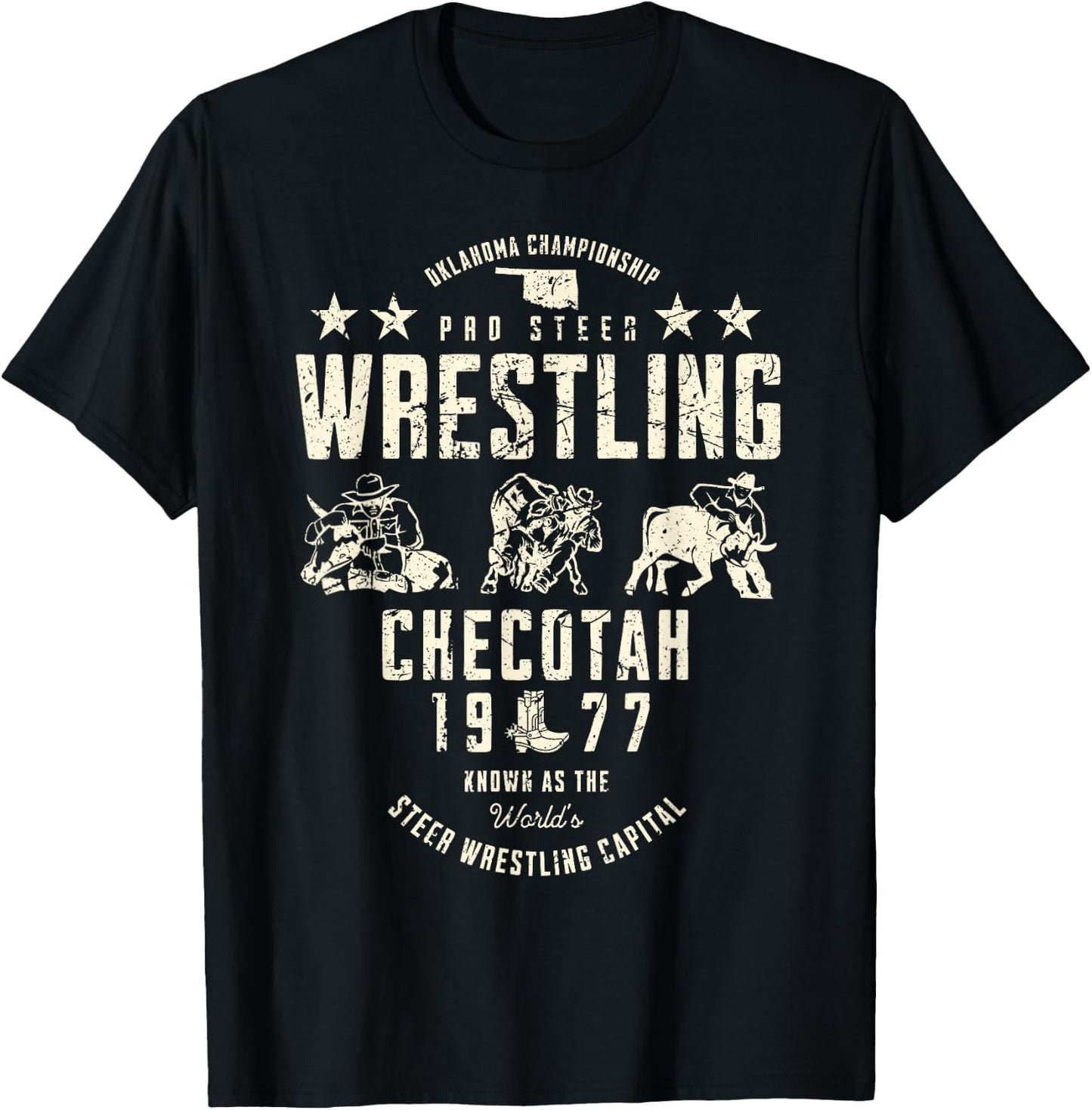 Oklahoma Pro Steer Wrestling Checotah 1977 Vintage Sports T-Shirt - T-Shirt | Black