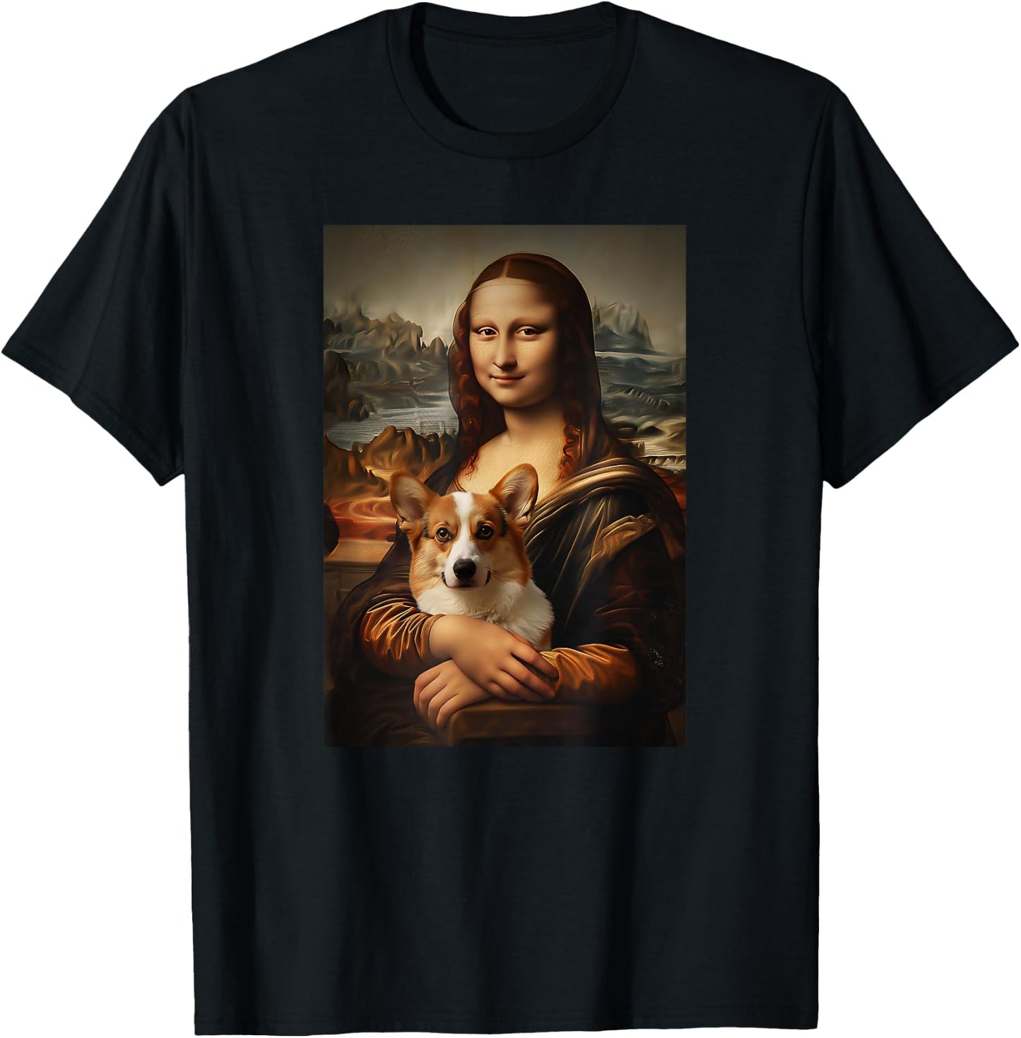 Corgi Mona Lisa Painting Art Dog Mom Dad T-Shirt - T-Shirt | Black