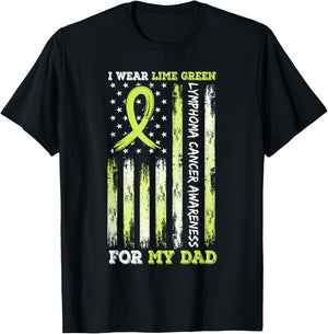 I Wear Limegreen For My Dad USA Flag Ribbon Lymphoma Cancer T-Shirt - T-Shirt | Black