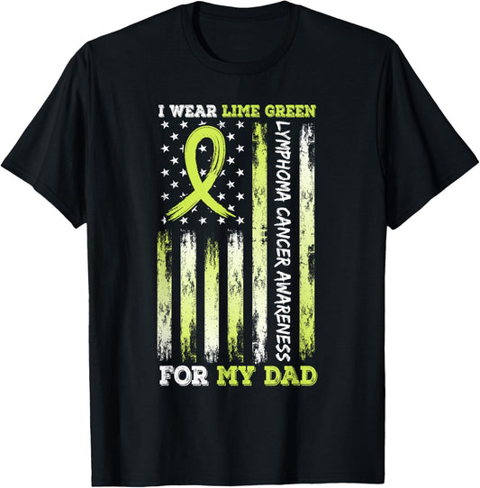 I Wear Limegreen For My Dad USA Flag Ribbon Lymphoma Cancer T-Shirt - T-Shirt | Black