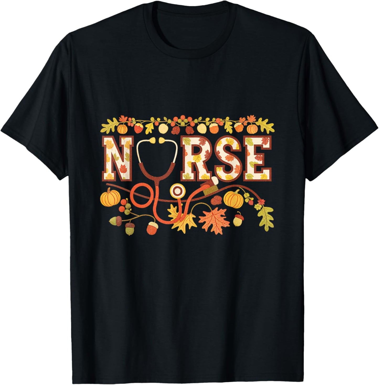 Nurse Fall Stethoscope Autumn Harvest Nurses T-Shirt - T-Shirt | Black