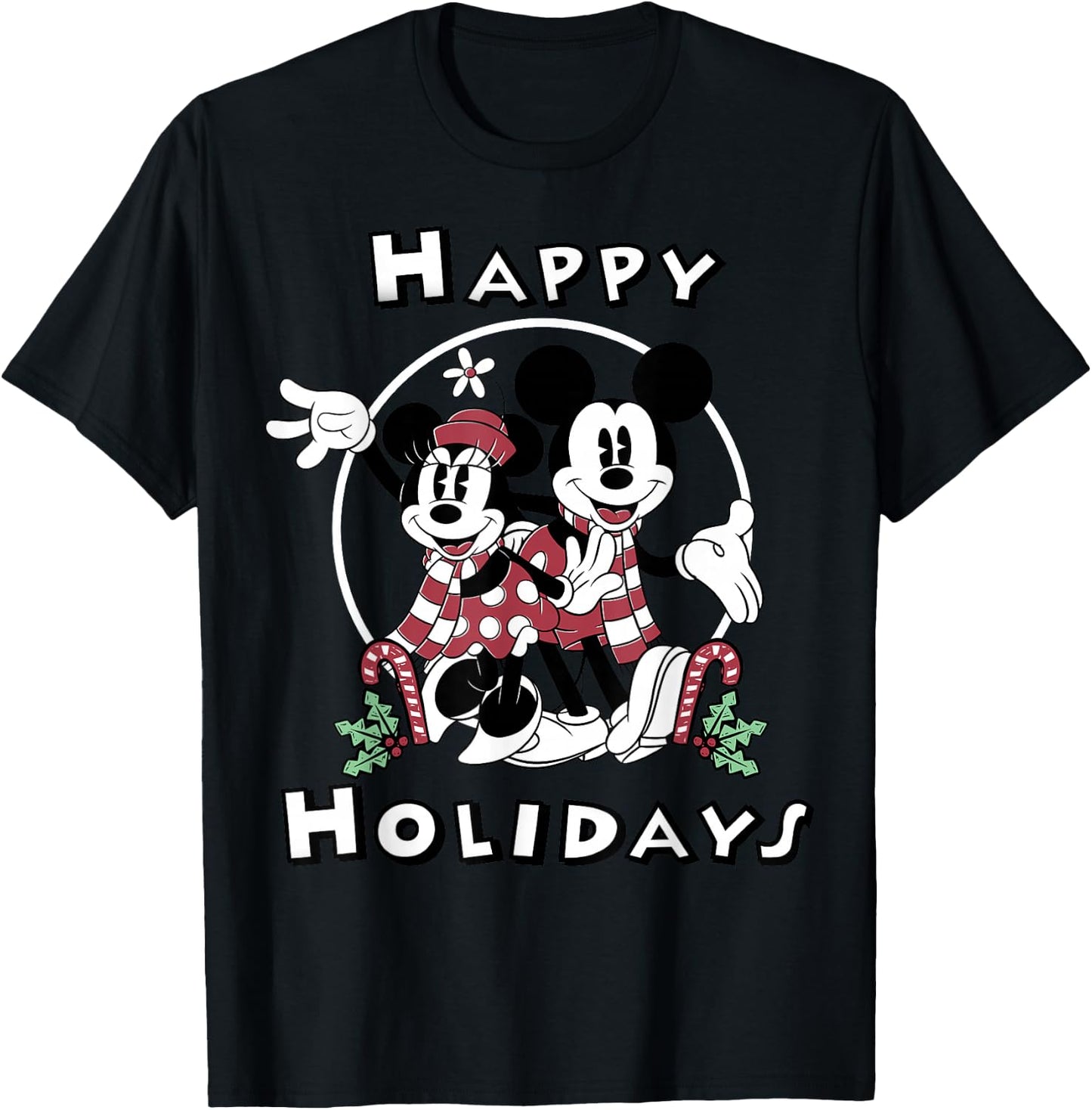 Disney Mickey and Minnie Mouse Happy Holidays Christmas T-Shirt - T-Shirt | Black