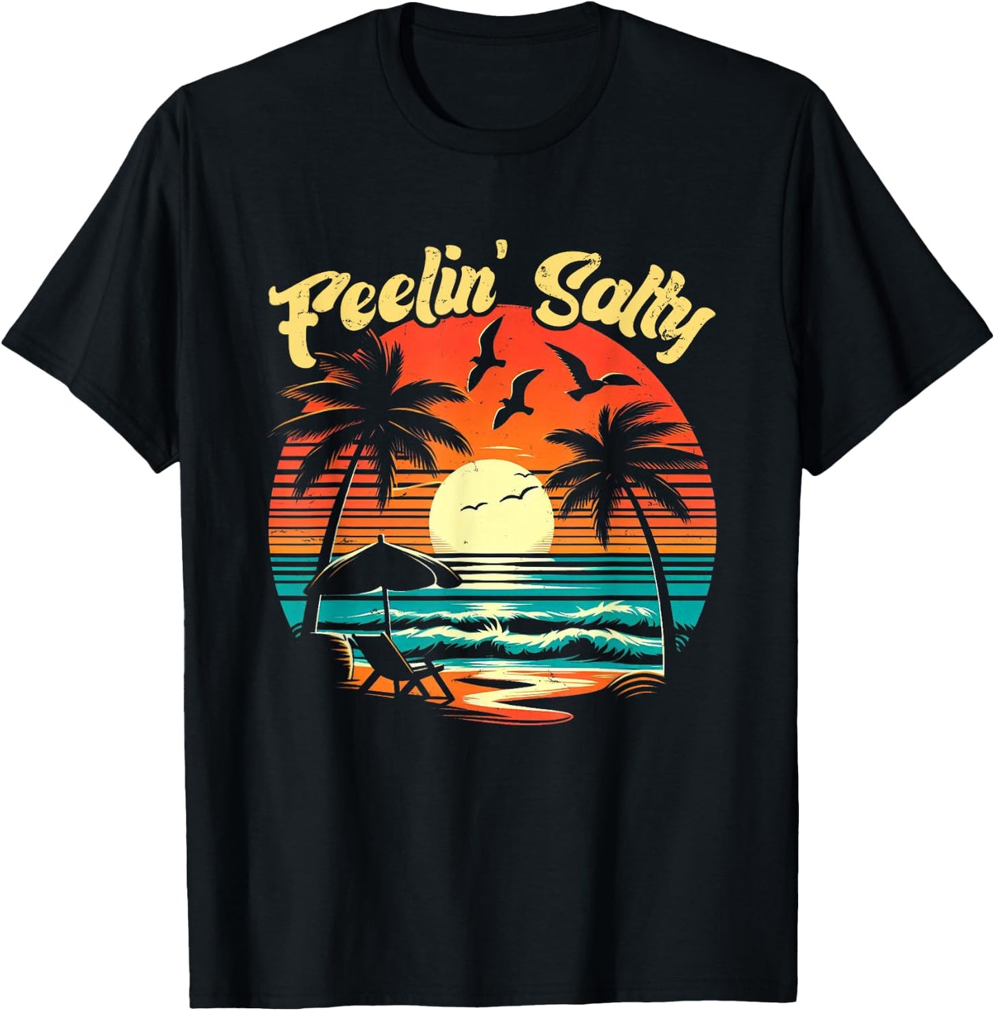 Feelin Salty Beach Summer Vacation Vintage 70's Retro Sunset T-Shirt - T-Shirt | Black