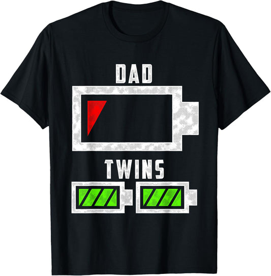 Tired Twin Dad Low Battery Dad of Twins Funny Dad T-Shirt - T-Shirt | Black