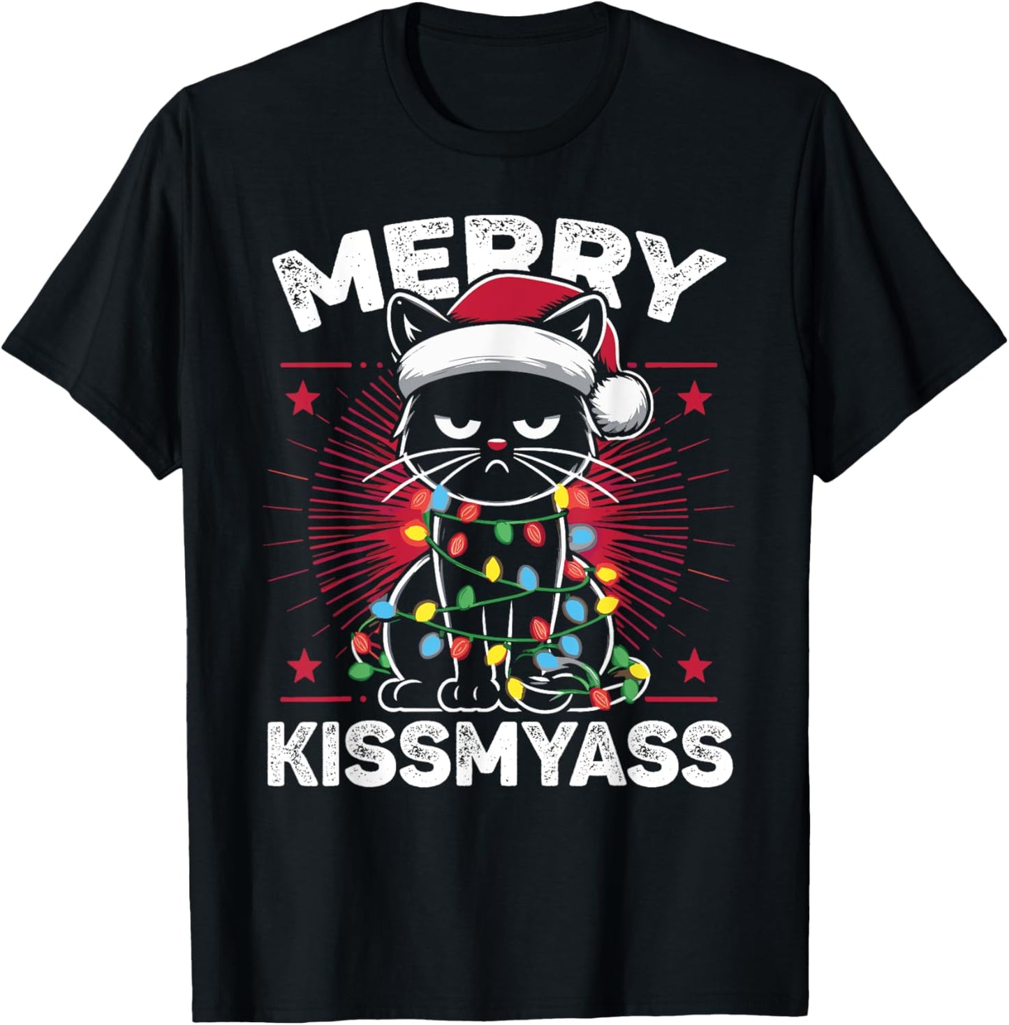 Merry Kissmyass Funny Cat Christmas Lights Christmas Cat T-Shirt - T-Shirt | Black