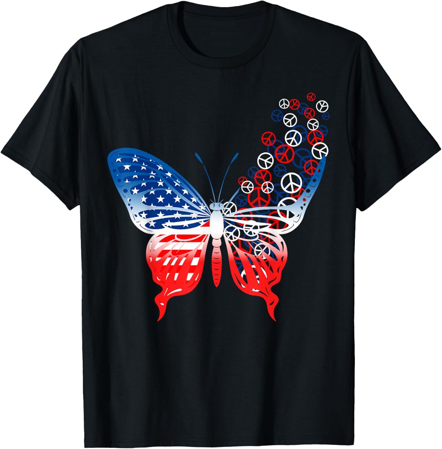 Butterfly Peace Signs USA Flag 4th Of July Independence Day T-Shirt - T-Shirt | Black