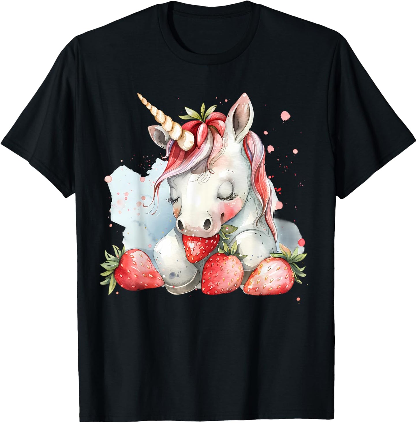 Strawberry Unicorn Cute Strawberries Drawing Watercolor T-Shirt - T-Shirt | Black