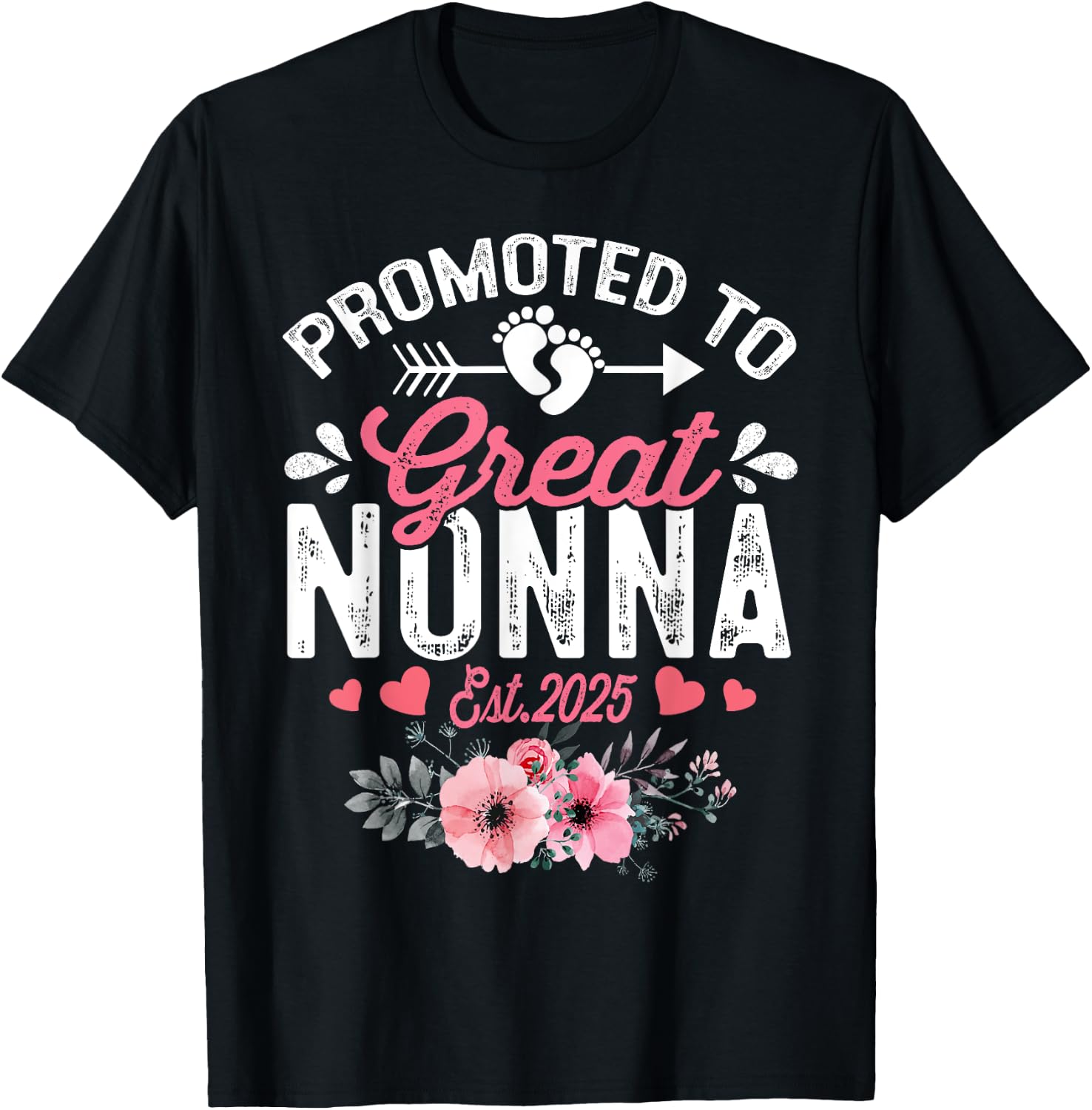 Promoted To Great Nonna Est 2025 First Time Nonna Floral T-Shirt - T-Shirt | Black