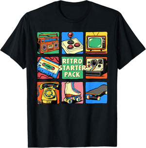 Retro Starter Pack 80s 90s Vintage Nostalgia Cassette Tape T-Shirt - T-Shirt | Black