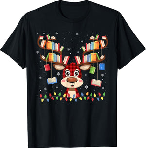 Christmas Librarian Reindeer Matching Book Lover T-Shirt - T-Shirt | Black