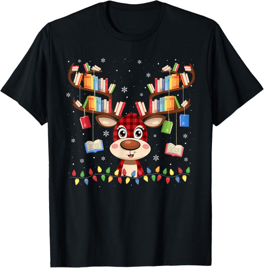 Christmas Librarian Reindeer Matching Book Lover T-Shirt - T-Shirt | Black