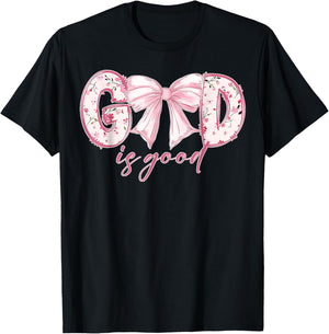 Coquette Valentine Bow God Is Good Bible Christian Worship T-Shirt - T-Shirt | Black