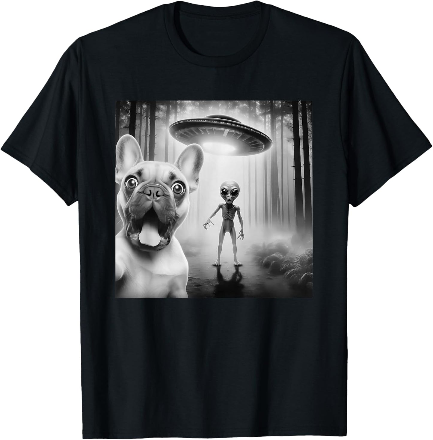 Funny French Bulldog Surprised Selfie with Alien UFO T-Shirt - T-Shirt | Black