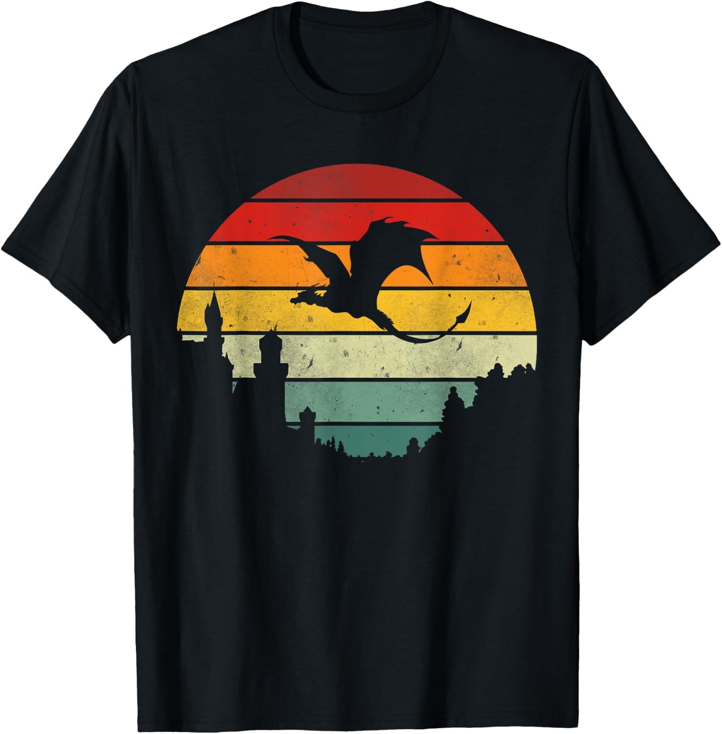 Retro Flying Dragon Sunset Vintage Dragon Fantasy Sci-Fi Fun T-Shirt - T-Shirt | Black
