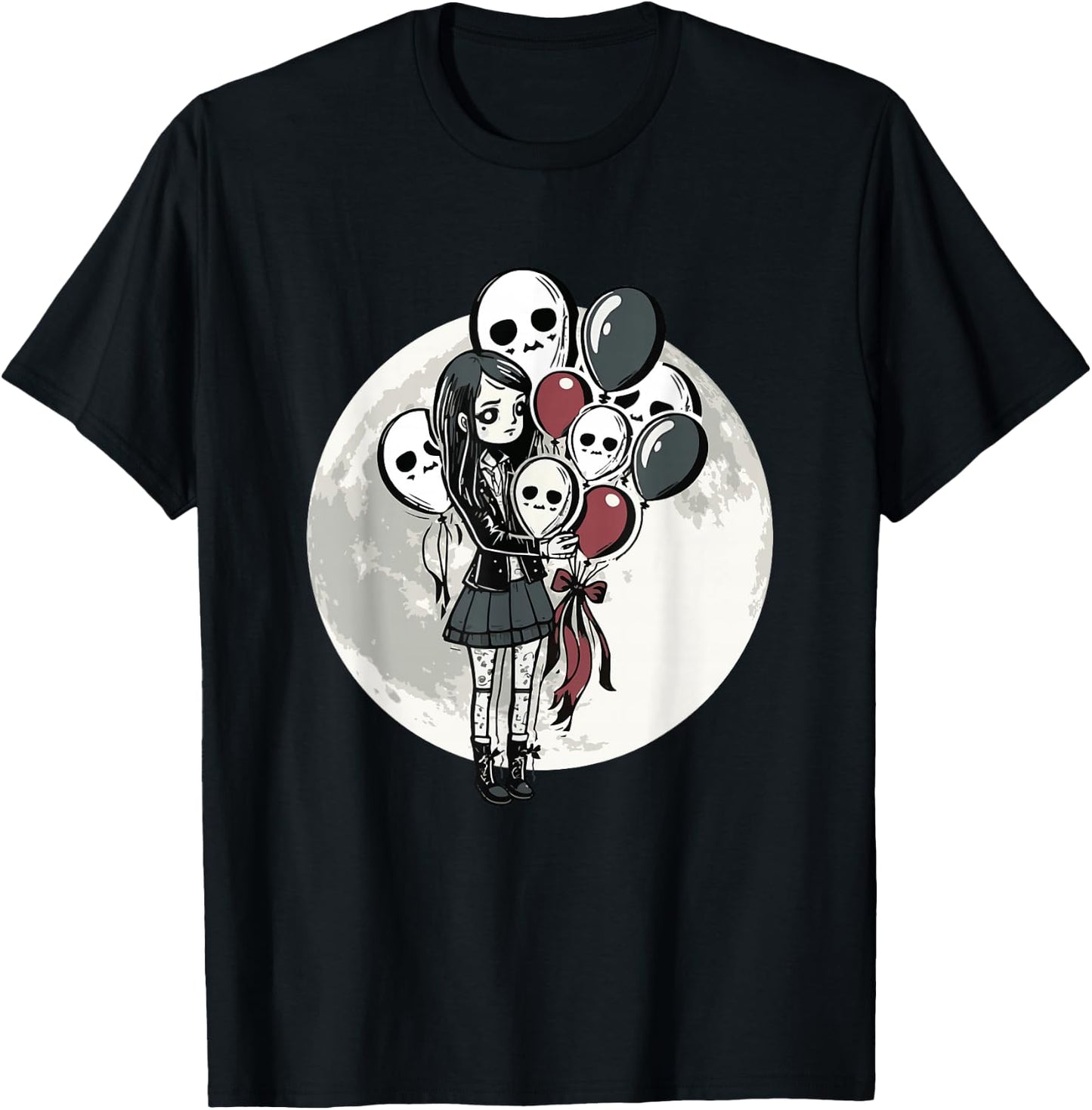 Goth Girl Holding Skull-Balloons - Goth Gothic T-Shirt - T-Shirt | Black