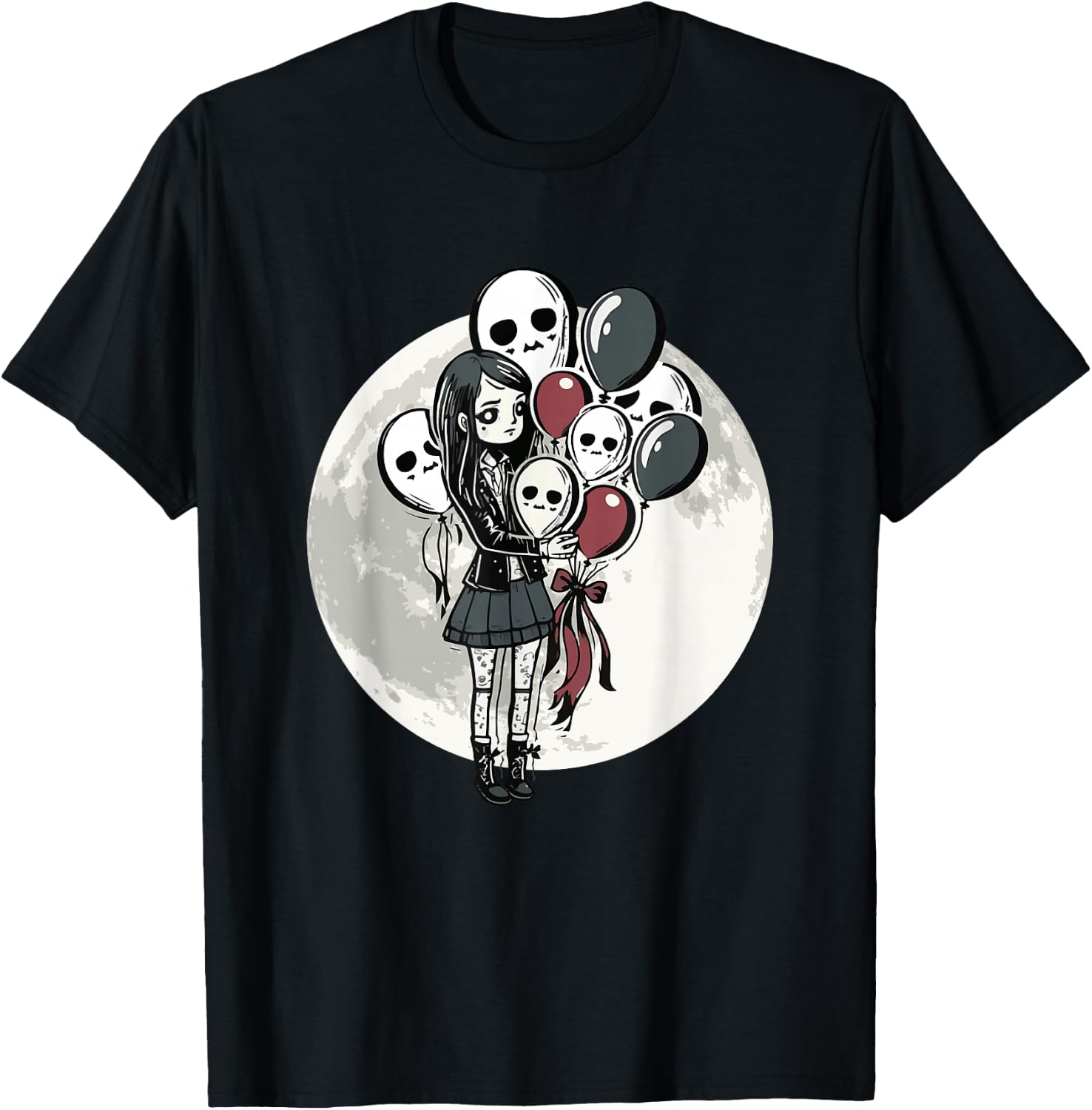 Goth Girl Holding Skull-Balloons - Goth Gothic T-Shirt - T-Shirt | Black