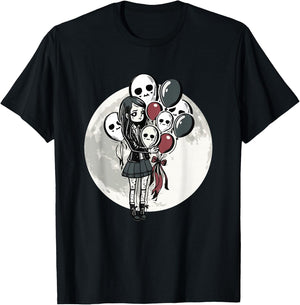 Goth Girl Holding Skull-Balloons - Goth Gothic T-Shirt - T-Shirt | Black