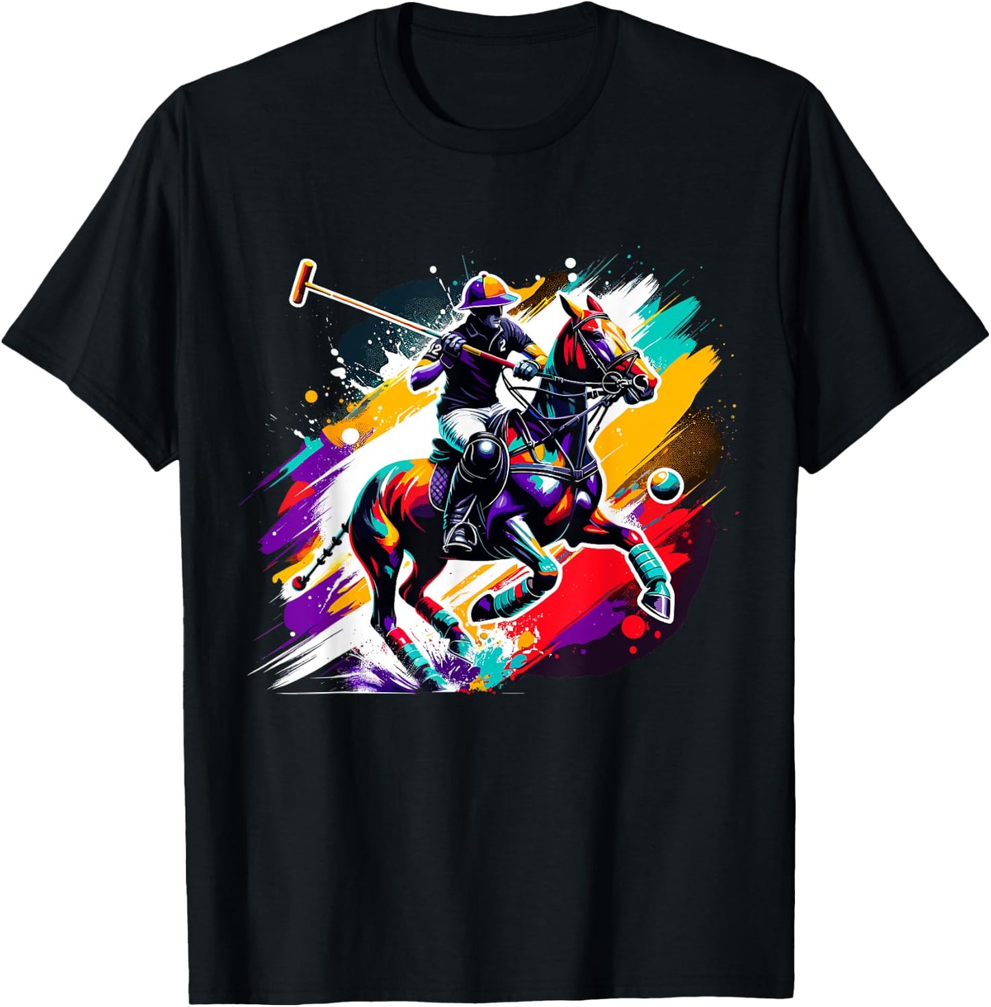 Colorful Polo Player on Horse Equestrian T-Shirt - T-Shirt | Black