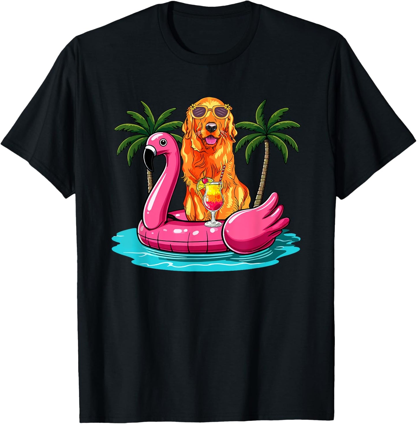 Golden Retriever Sunglasses On Flamingo Cute Float Lover T-Shirt - T-Shirt | Black