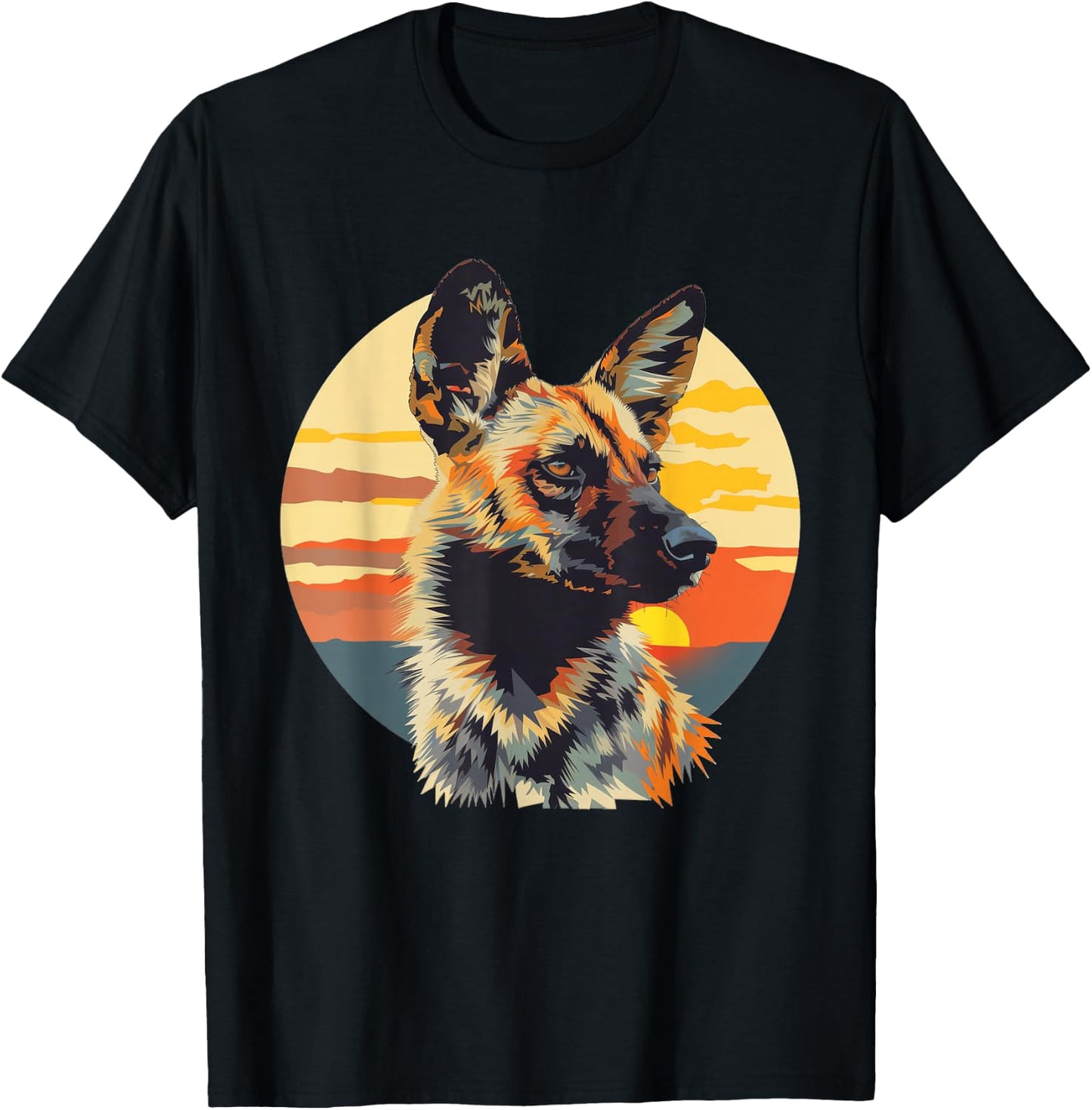 African Wild Dog With A Sunset T-Shirt - T-Shirt | Black