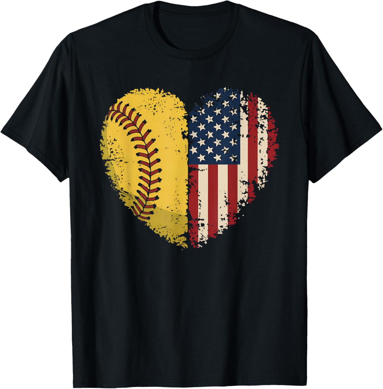 Softball Heart American Flag Patriotic Softball Lovers T-Shirt - T-Shirt | Black
