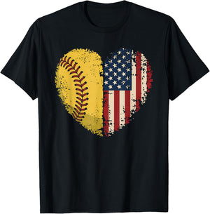 Softball Heart American Flag Patriotic Softball Lovers T-Shirt - T-Shirt | Black