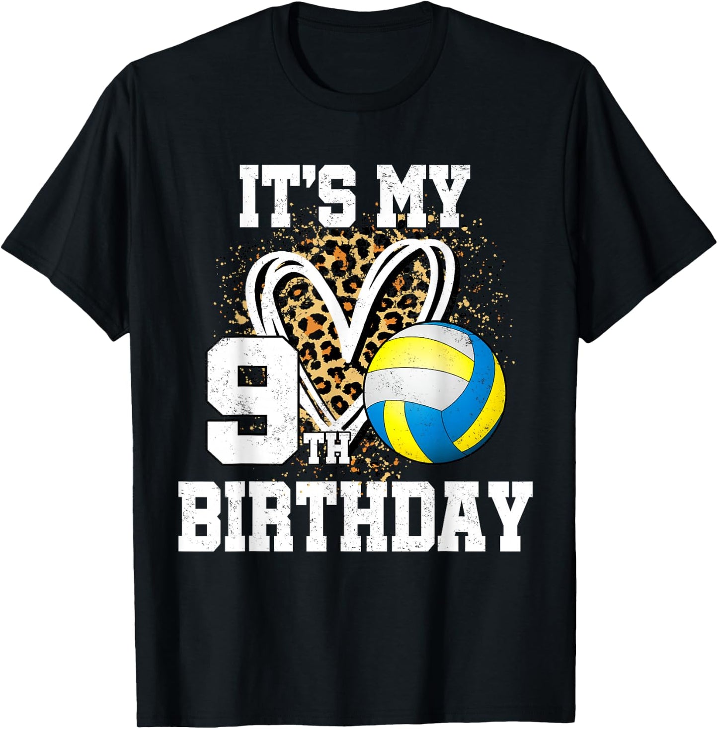 It's My 9th Birthday Volleyball 9 Year Old Leopard Heart T-Shirt - T-Shirt | Black