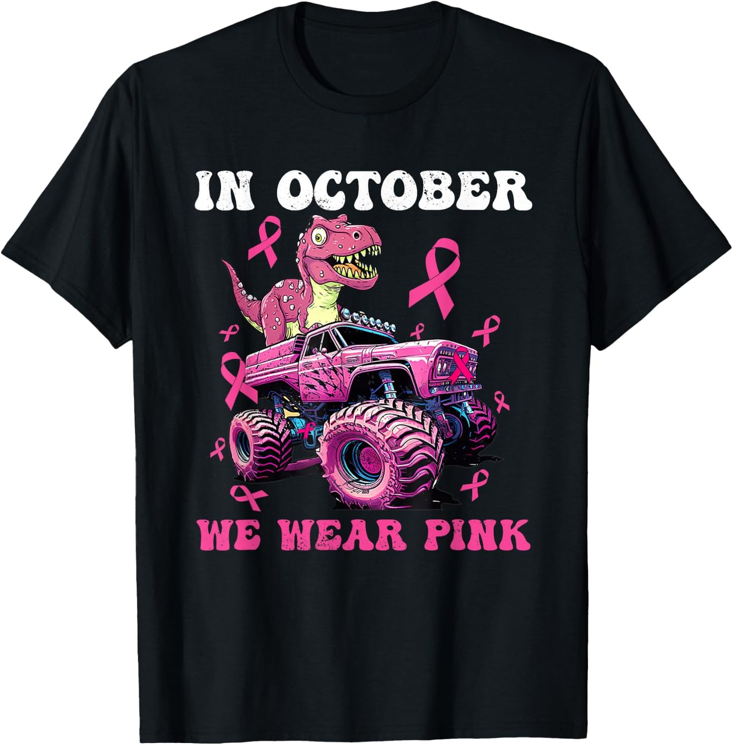 In October We Wear Pink Breast Cancer Trex Dino Kids T-Shirt - T-Shirt | Black