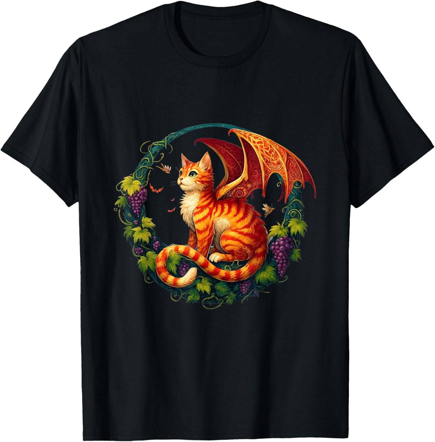 Retro Mystical Orange Tabby Dragon Cat Fae With Grapevines Men Women Kids T-Shirt - T-Shirt | Black