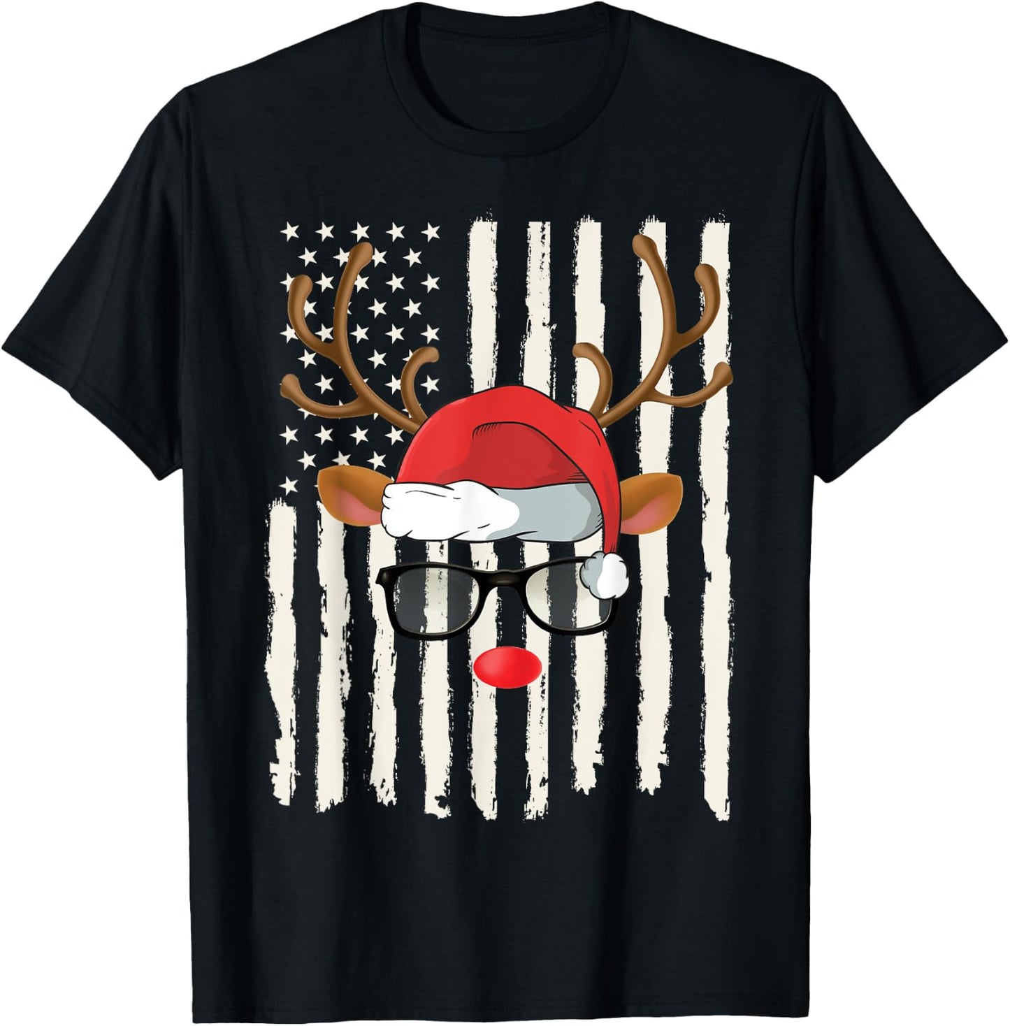 Cute Reindeer Santa Hat Glasses American Flag Christmas T-Shirt - T-Shirt | Black