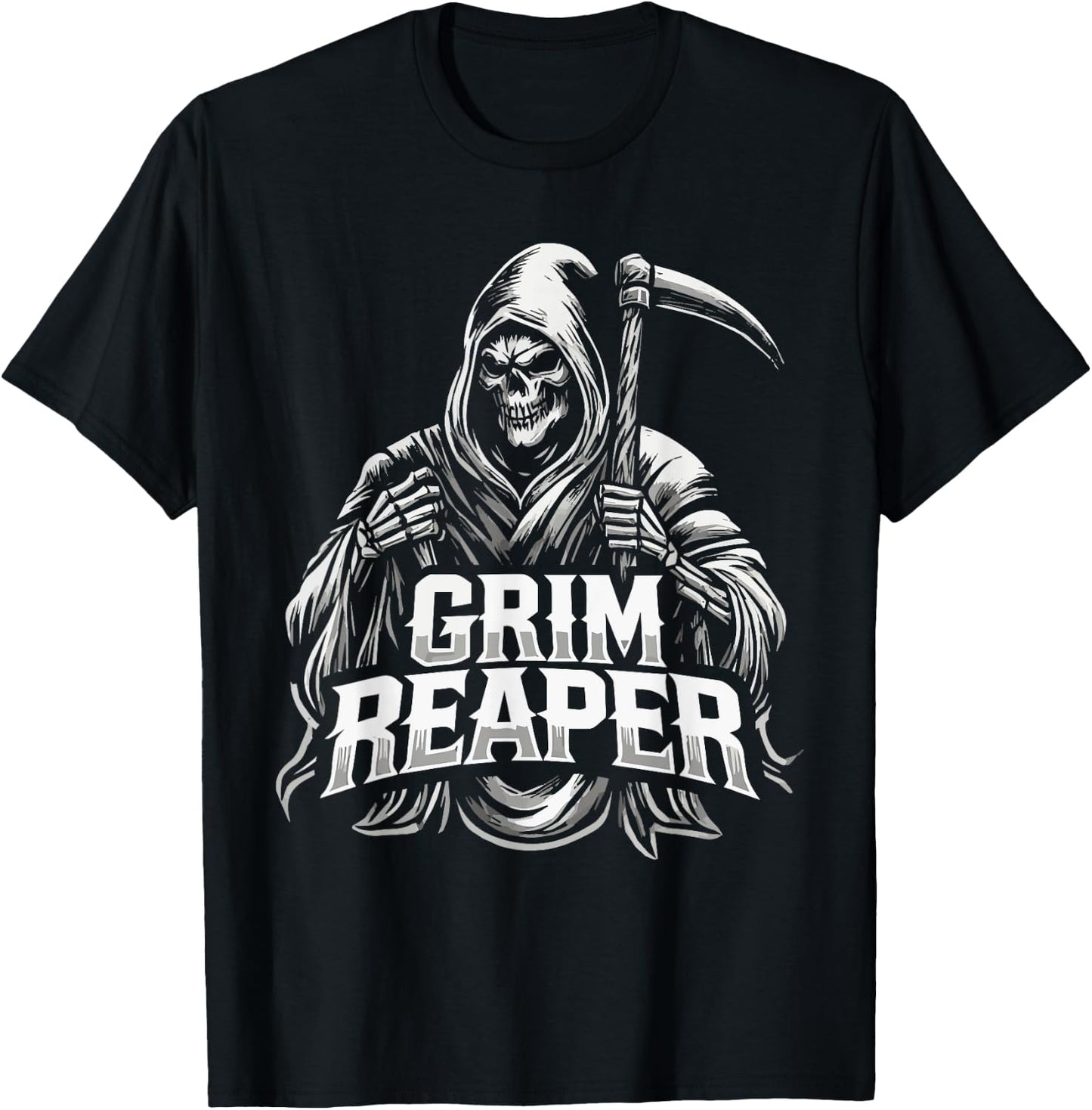 Grim Reaper Hooded Skeleton Scythe Design T-Shirt - T-Shirt | Black