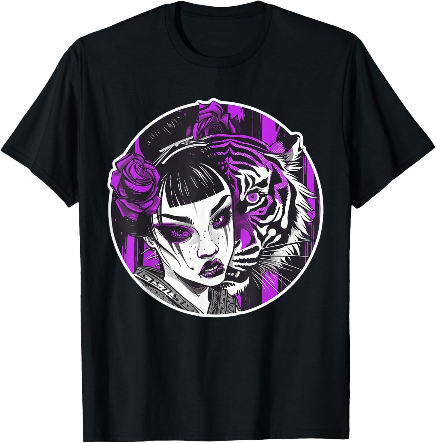 Kawaii Anime Geisha With Tiger Bliss For Otaku Enthusiasts T-Shirt - T-Shirt | Black